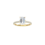 6 Prong Classic Emerald Cut Ring with Pavé Band YG